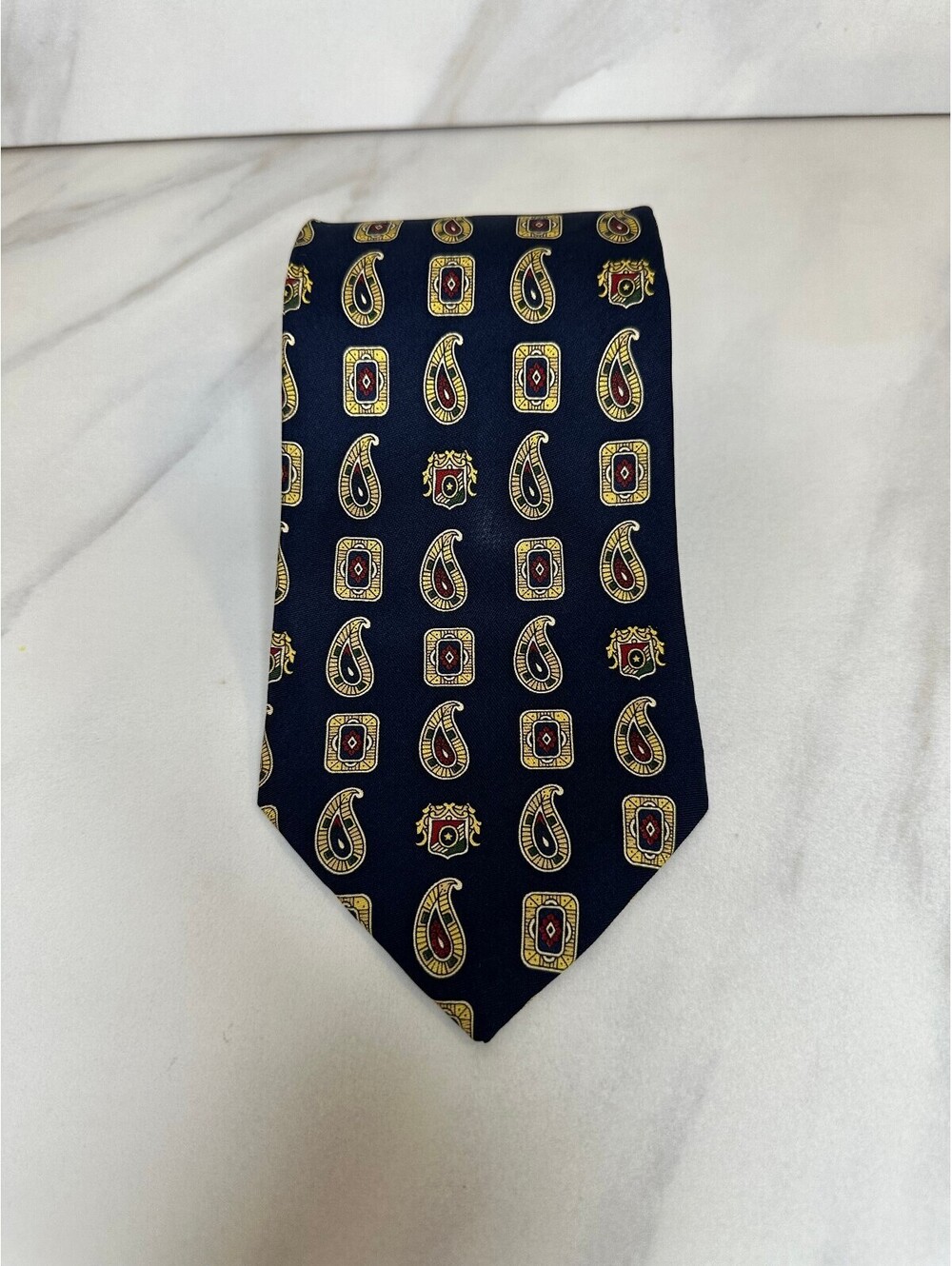 Tommy Hilfiger navy burgundy gold paisley rectangular geometric 100% silk tie